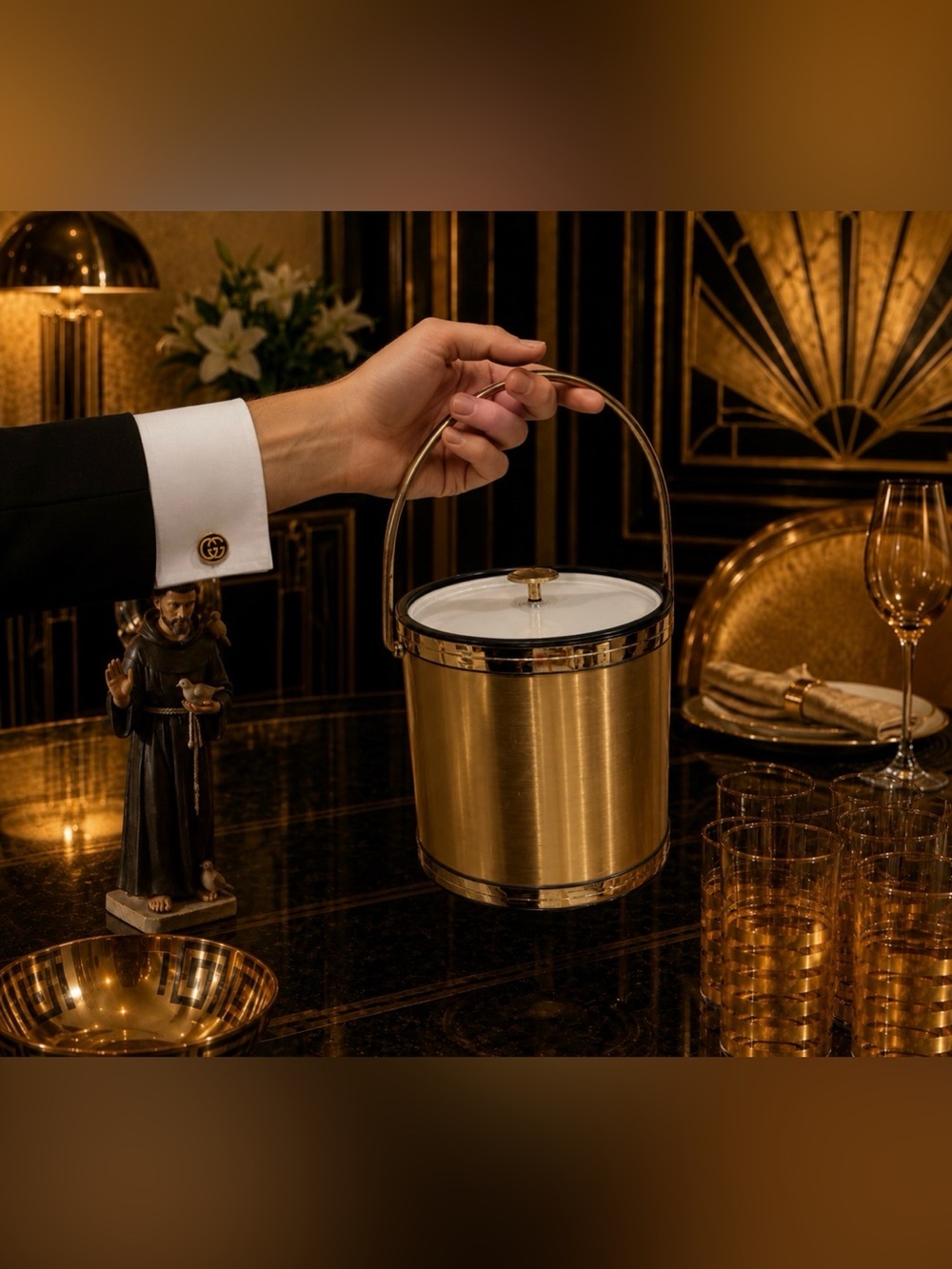 Mid-Century Modern Vintage Gold Ice Bucket Elegance Kraftware NJ Fine Art Deco